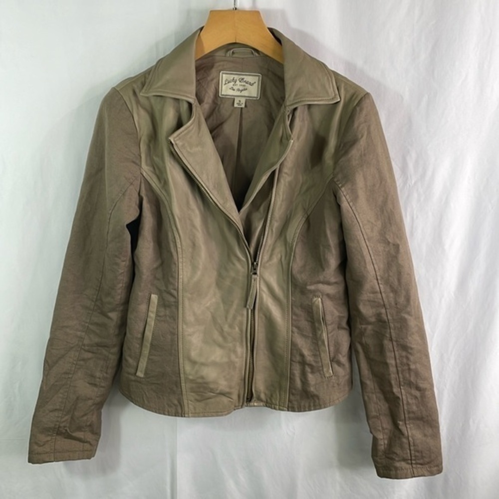 🫎Lucky brand tan, leather and linen Moto jacket